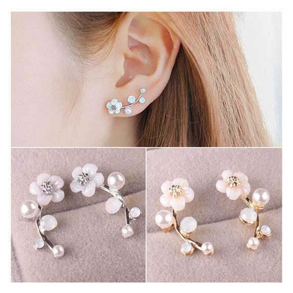 Jewelry - Floral Flower Climber Pearl Stud Earrings New
